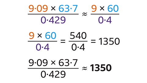 9.09×63.7/0.429 ≈ 9×60/0.4. 9×60/0.4=540/0.4 =1350. 9.09×63.7/0.429 ≈ 1350.