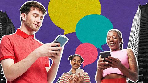 young people use smartphones against a background of colourful graphics