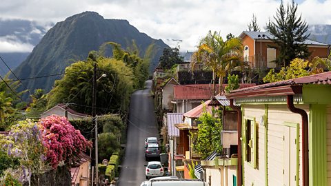 View of houses along a street on Reunion Island