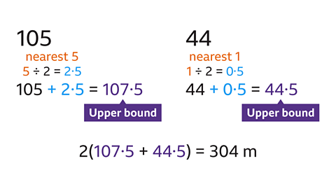 105 nearest 5: 5÷2=2.5. 105+2.5=107.5. 44 nearest 1: 1÷2=0.5.44+0.5+44.5. 2(107.5+44.5)=304m.
