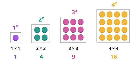 1 squared represented by a single counter and the equation 1 multiplied by 1. 2 squared represented by 2 rows of 2 counters and the equation 2 multiplied by 2. 3 squared represented by 3 rows of 3 counters and the equation 3 multiplied by 3. 4 squared represented by 4 rows of 4 counters and the equation 4 multiplied by 4.  