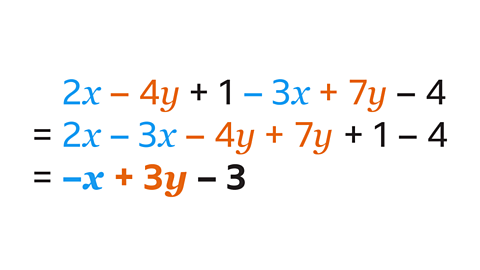 2x-4y+1-3x+7y-4=2x-3x-4y+7y+1-4=-x+3y-3.