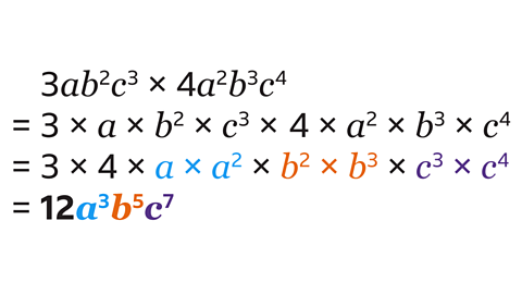 3ab^2c^3x4a^2b^3c^4=3xaxb^3x4^2xb^3xc^4=12a^3b^5c^7.
