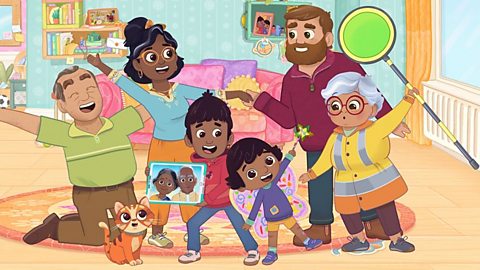 Illustrated image, taken from CBeebies sitcom, Nikhil and Jay. Image portrays a south east asian family posing for a picture.