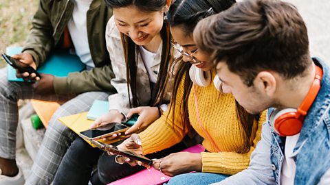 Four young people look at their mobile phones