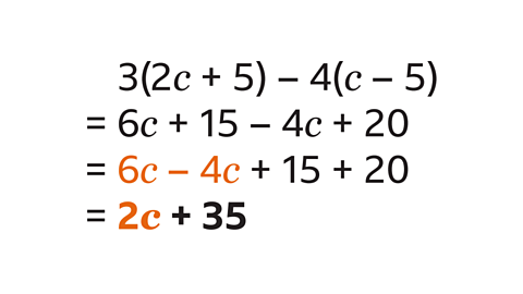 3(2c+5)-4(c-5)=6c+15-4c+20=6c-4c+15+20=2c=35