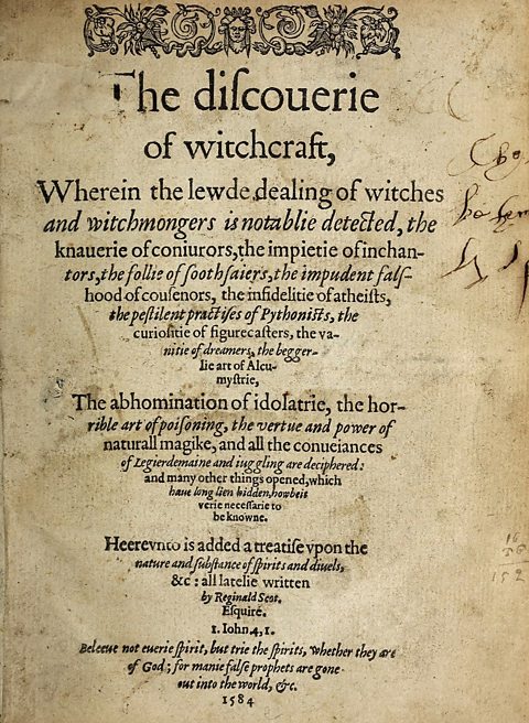 Duilleag tiotail a' chiad dreach de The Discovery of Witchcraft, le Reginald Scott (1584)