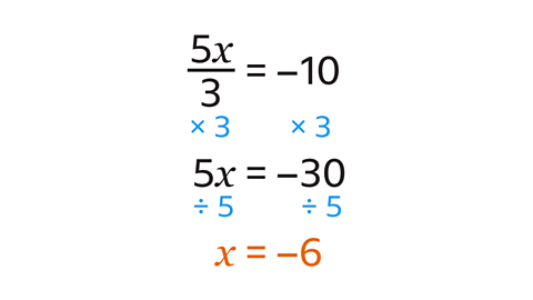 5x/3 = –10. Multiply both sides by 3. 5x=–30. Divide both sides by 5. x=–6. 