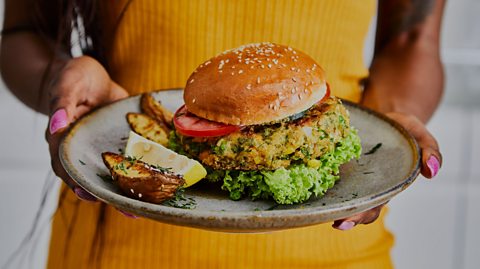 A plate with a vegetarian burger 