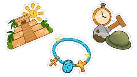 Stickers showing an ancient Maya temple, a World War one soldier helmet with a watch and a spade, and an Egyptian piece of jewellery