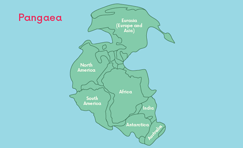 Image of Pangaea. This is labelled with Eurasia, North America, South America, Africa, Antarctica, Australia and India. 