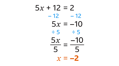 5x+12=2. 5x=-10. 5x/5=-10/5. x=-2.