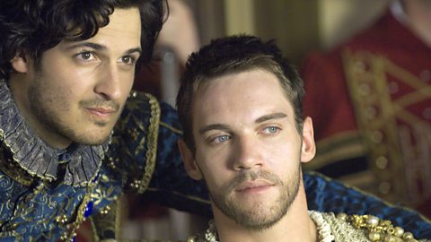 Actors Jonathan Rhys Meyers and David Alpay dressed in Tudor costumes. 