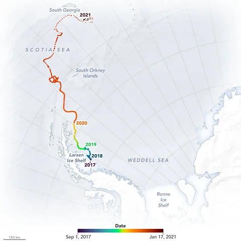 Nasa During its 3.5 year long journey, iceberg A-68 released billions of tonnes of freshwater into the ocean as its melting accelerated (Credit: Nasa)