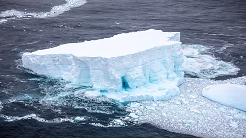 Cpl Phil Dye/RAF Layers of fresh and brackish water forming around iceberg A-68 and its "bergy" offspring created a habitat for algae and plankton to thrive (Credit: Cpl Phil Dye/RAF)