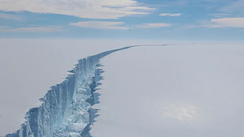 British Antarctic Survey A rift in the Larsen C ice sheet began growing rapidly in late 2016 and early 2017, eventually leading to the iceberg A-68 breaking off (Credit: British Antarctic Survey)