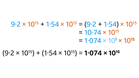 (9·2 × 10^15) + (1·54 × 10^15) = (9·2 + 1·54) × 10^15 = 10.74 ×10^15 = 1·074 × 10^1 × 10^15 = (9·2 × 10^15) + (1·54 × 10^15) = 1·074 × 10^16 