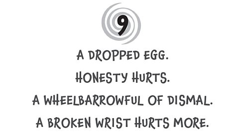 Summary of chapter 9: A dropped egg. Honesty hurts. A wheelbarrowful of dismal. A broken wrist hurts more.