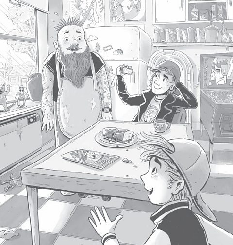 Illustration of Bob travelling in the future to meet Bob and Malcolm in a kitchen.