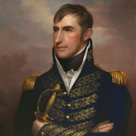 Portrait of a man with brown hair wearing a teal uniform with gold detailing and holding a gold sword