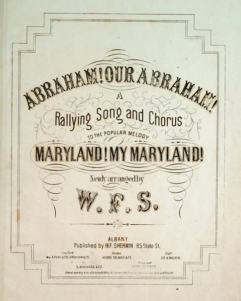 Front cover to a piece of music with the words Abraham! Our Abraham! A Rallying Song and Chorus written on it