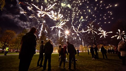 A crowd of people watching some fireworks.