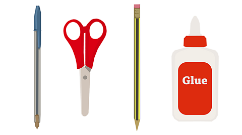 A pen, some scissors, a pencil and a pot of glue