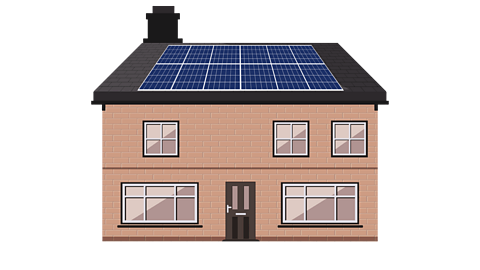 A house with sun panels on the roof.