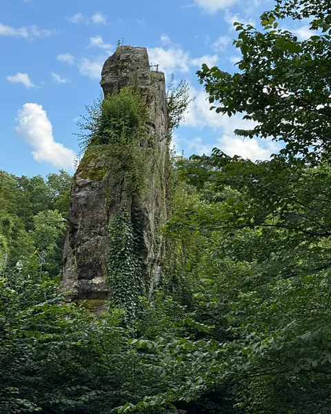 Larry Bleiberg Today, only one towering plinth remains and a plaque attached to it commemorates the original Neanderthal discovery (Credit: Larry Bleiberg)