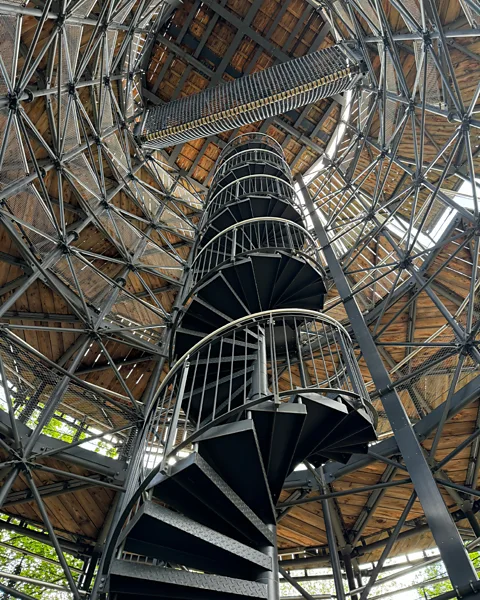 Larry Bleiberg The soaring 22m observation deck is topped with a replica of a giant Neanderthal skull (Credit: Larry Bleiberg)