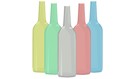 Five glass bottles of different colours.