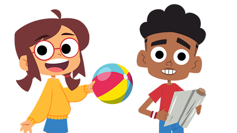 A girl holding a beach ball and a boy holding tin foil