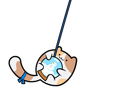 A cartoon cat swinging on a string holding a snow globe with a snowman inside