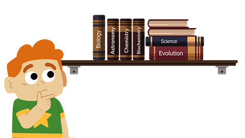 A young boy pondering a shelf of science books