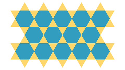 3 rows of hexagons with triangles filling the gaps between the hexagons.