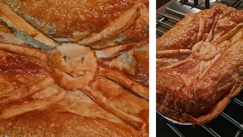 A composite of two pictures of a pie with a spider design on the top.