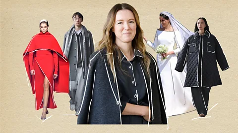 Serenity Strull/ BBC/ Getty Images/ Uniqlo Artwork of Clare Waight Keller with some of her iconic dress lines eorm behind her (Credit: Serenity Strull/ BBC/ Getty Images/ Uniqlo)