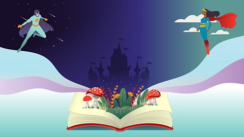 An illustration of an open book with a fairytale castle and super heroes coming out of it.