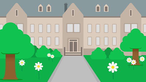 Wigglesworth Academy with a garden at the front and a path leading up to the academy. there are flowers in the grass.