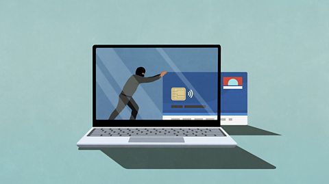 Illustration of a man pushing a credit card out of a laptop