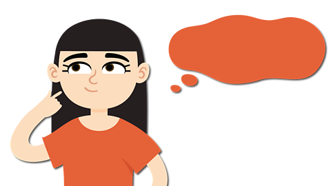 A girl with long black hair is thinking. She is wearing a red top and from her left side, there is a red thought bubble. 