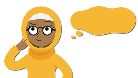 Image of a Muslim girl wearing glasses and an orange hijab. She is wearing an orange jumper and an orange thought bubble appears from her left side.