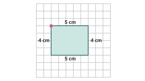Horizontal rectangle on a grid with a dot in the top left hand corner. The two shorter sides of the rectangle measure 4 centimetres. The two longer sides of the rectangle measure 5 centimetres