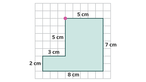 Rectilinear shape on a grid with a dot in the top left hand corner. The sides measure 5 centimetres, 7 centimetres, 8 centimetres, 2 centimetres, 3 centimetres, 5 centimetres