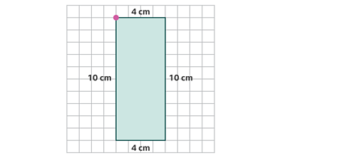 Vertical rectangle on a grid with a dot in the top left hand corner. The two shorter sides of the rectangle measure 4 centimetres. The two longer sides of the rectangle measure 10 centimetres