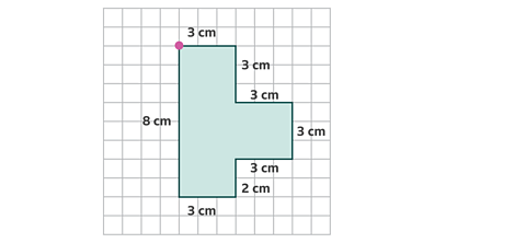 Rectilinear shape on a grid with a dot in the top left hand corner. The sides measure 3 centimetres, 3 centimetres, 3 centimetres, 3 centimetres, 3 centimetres, 2 centimetres, 3 centimetres, 8 centimetres