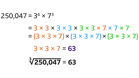 250047= 3^6 × 7^3. 3^6 × 7^3 = 3×3×3×3×3×3×7×7×7. = (3×3×7)×(3×3×7)×(3×3×7). 3×3×7=63. The cube root of 250047 is 63.