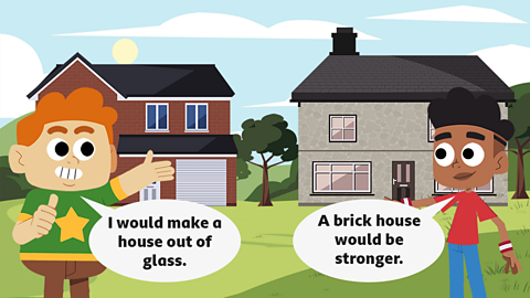 Two children discussing what materials to build a house from