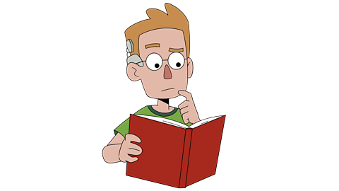 A boy with a book thinking.