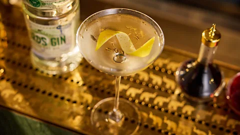 James Riley Martini with lemon peel and Fords gin bottle (Credit: James Riley)